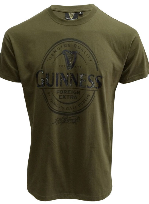 Olive green T-shirt with black Guinness logo and text on front