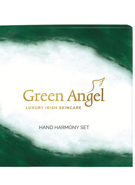 Green Angel luxury Irish skincare hand harmony set packaging with green and white design