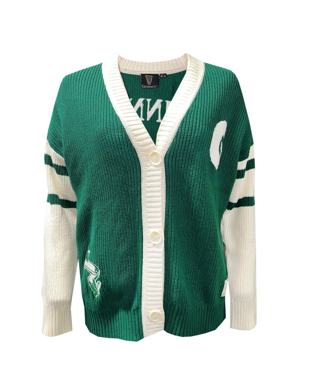 Unisex Guinness knitted cardigan in green with cream trim and striped sleeves