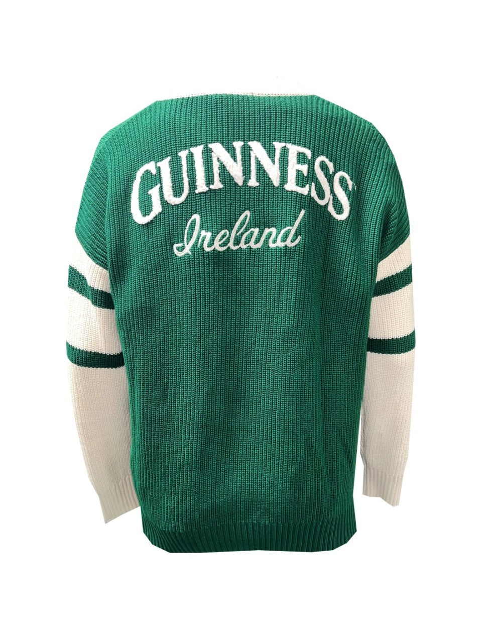 Rear view of the Guinness knitted green and cream cardigan with bold white Guinness Ireland lettering across the back.