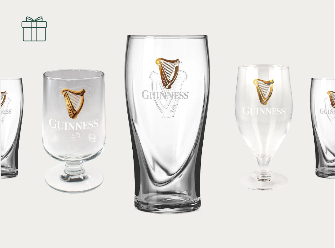 Guinness glassware set with assorted branded glasses displayed on a light background