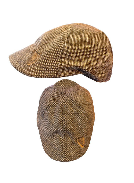Brown tweed Guinness harp structured flat cap with yellow embroidered harp emblem