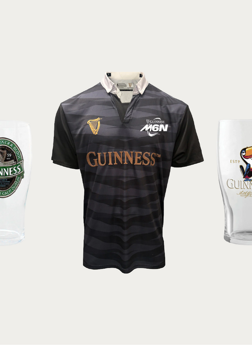 Guinness Six Nations rugby jersey centered between two Guinness branded glasses.