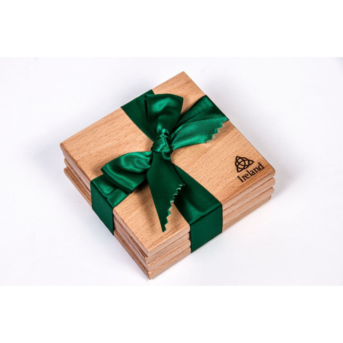 4-Pack Coasters With Trinity Knot Design – Wrapped With Green Ribbon 