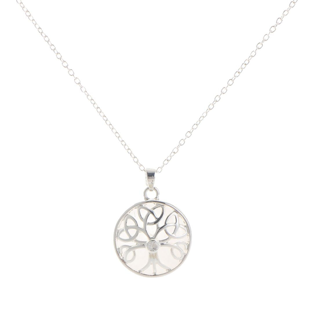 Silver necklace with round pendant featuring tree of life design