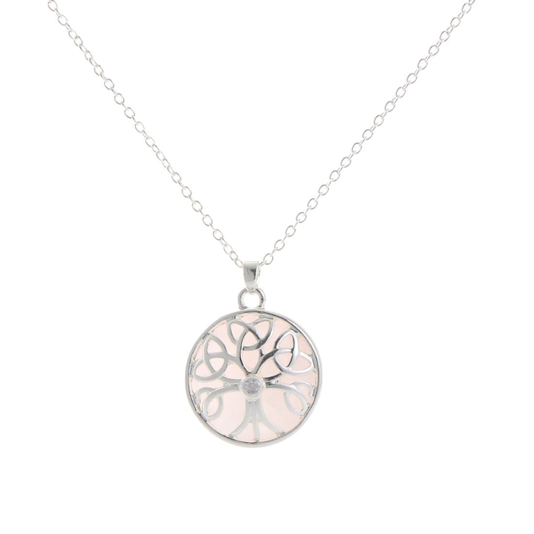 Silver necklace with round pendant featuring tree of life design