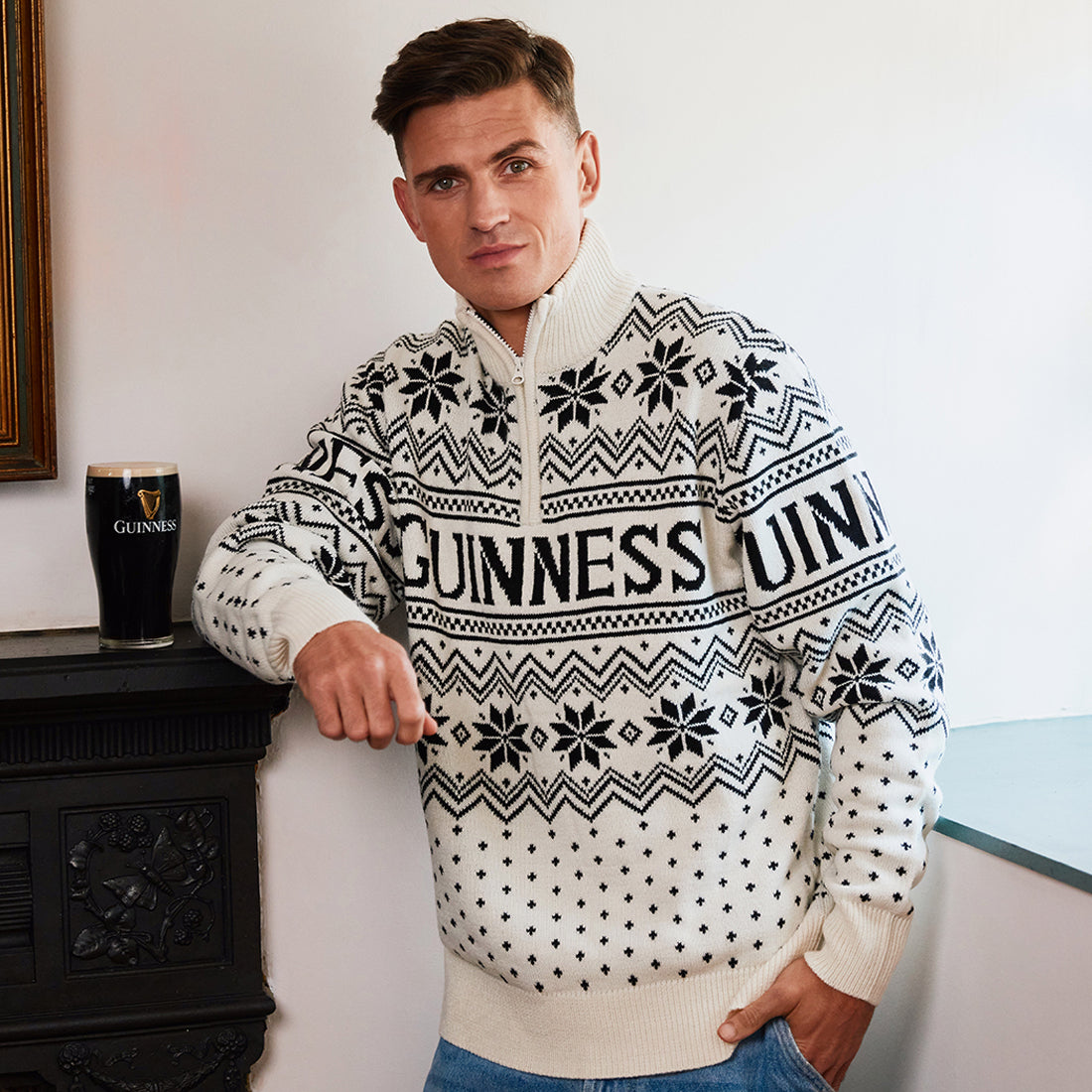 Guinness 1/4 Zip Festive Cream Christmas Sweater 