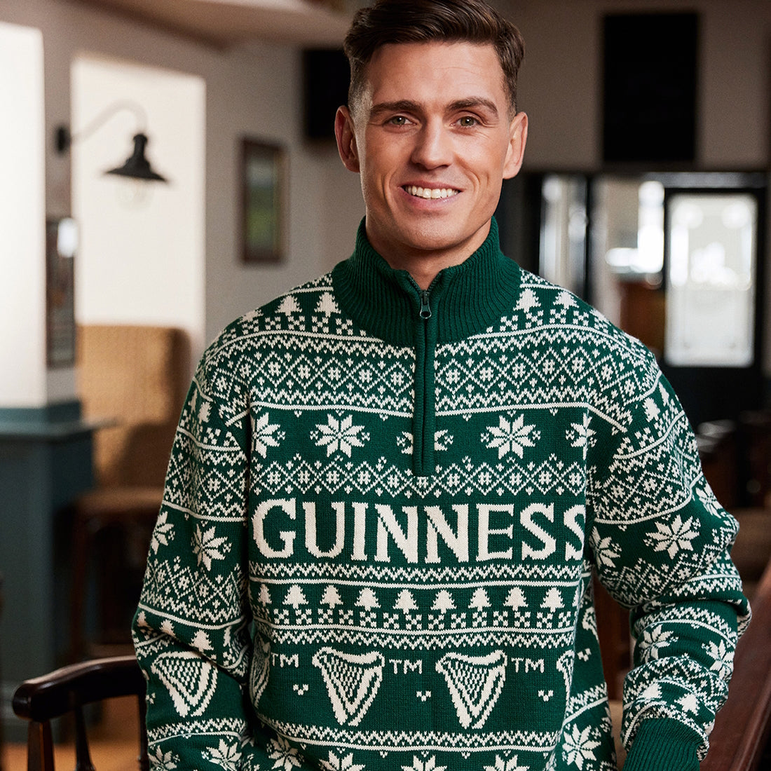 Guinness 1/4 Zip Festive Green Christmas Sweater 