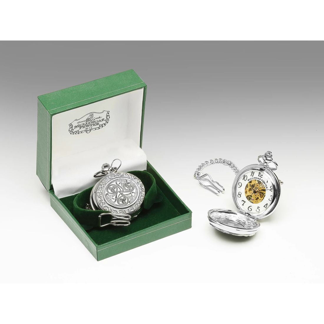 Mullingar Pewter Pocket Watch With Celtic Spiral Design & Border
