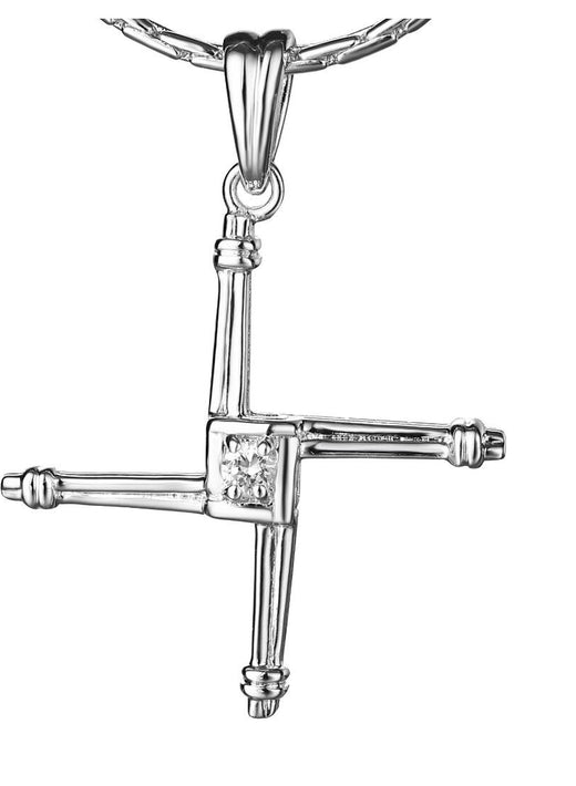 Silver cross pendant with a small diamond in the center on a chain