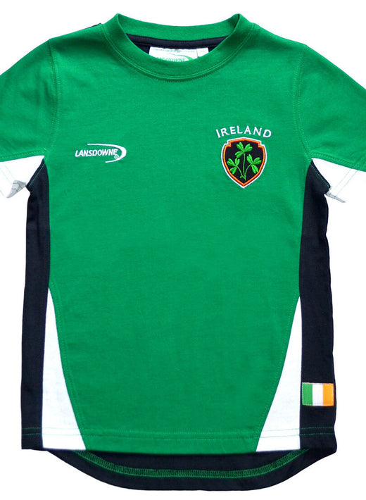Green short-sleeve sports shirt with Ireland emblem and side panels