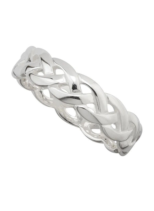 Silver ring with an intricate braided design on a white background