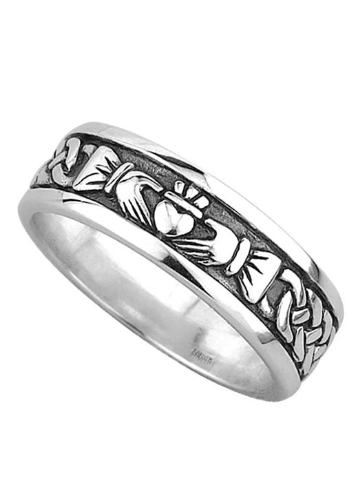 Silver ring with Claddagh design featuring hands, heart, and crown