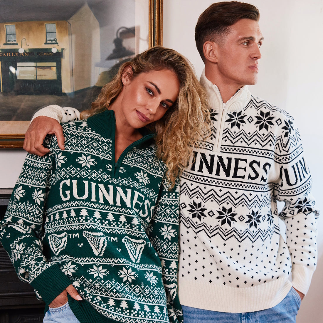 Guinness 1/4 Zip Festive Cream Christmas Sweater