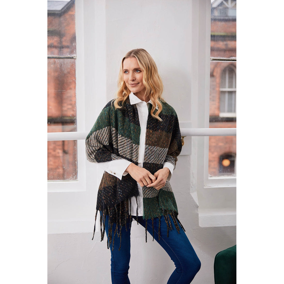 Ladies Green Black & Grey Twill Stripe Scarf