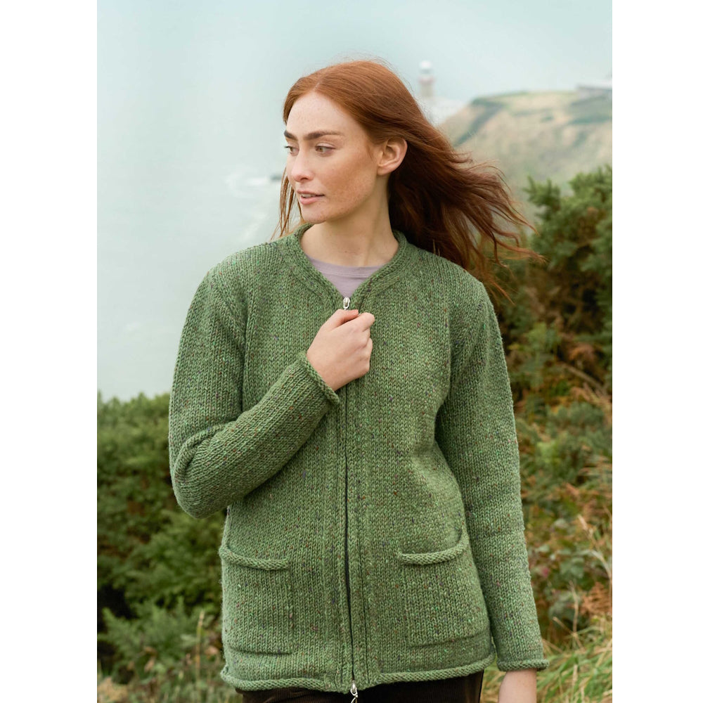 Women's Inishowen Donegal Wool Zip Sage Aran Cardigan