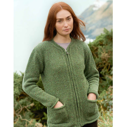 Women's Inishowen Donegal Wool Zip Sage Aran Cardigan