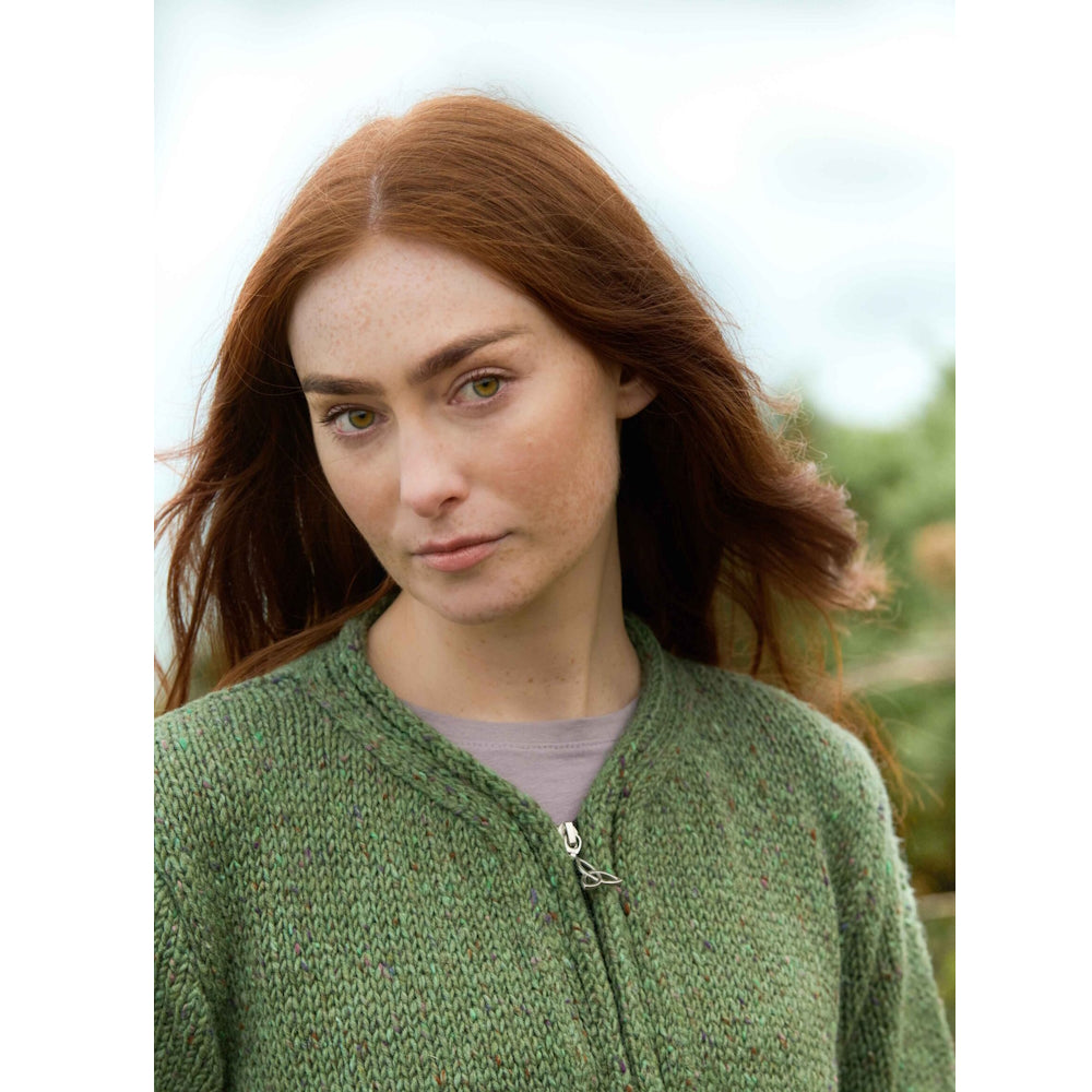 Women's Inishowen Donegal Wool Zip Sage Aran Cardigan