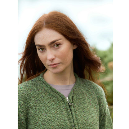 Women's Inishowen Donegal Wool Zip Sage Aran Cardigan
