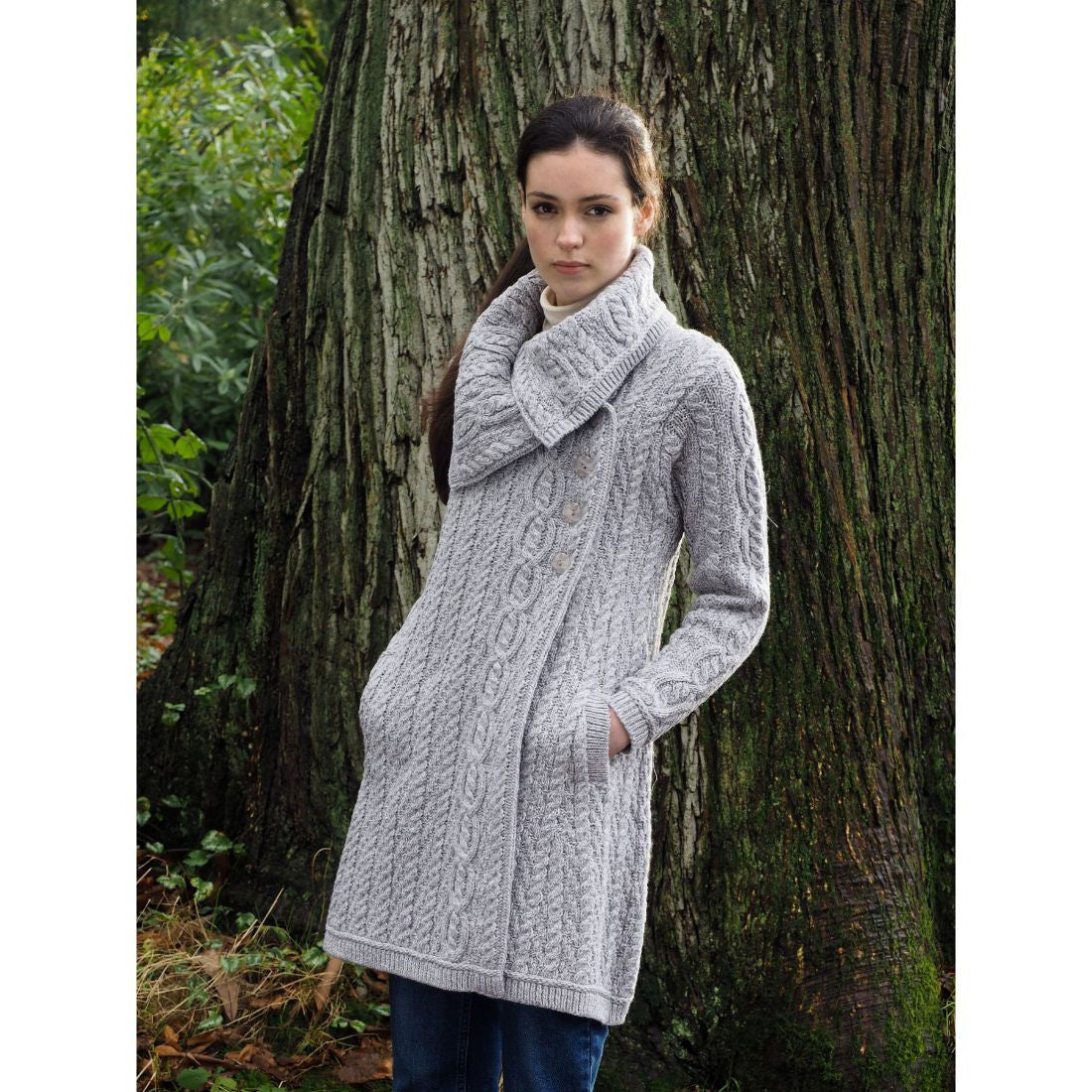 Ladies Chunky Collar Aran Light Grey Coat 