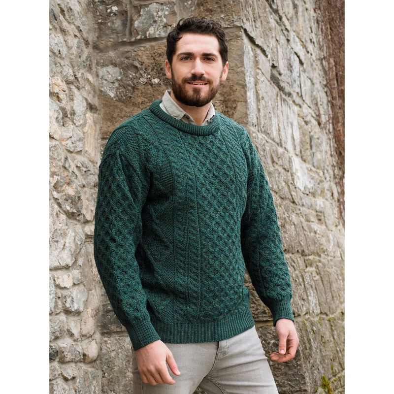 Buy 100% Pure New Wool Moss Green Aran Crew Neck Sweater | Carrolls ...