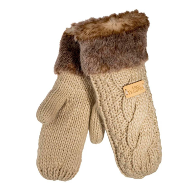 Ladies Knitted Mittens With Fur Trim Oatmeal