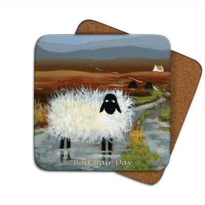 Irish Designed Coaster With A Sheep Out In The Wind Cold Country Wheater With The Text 'Bad Hair Day'