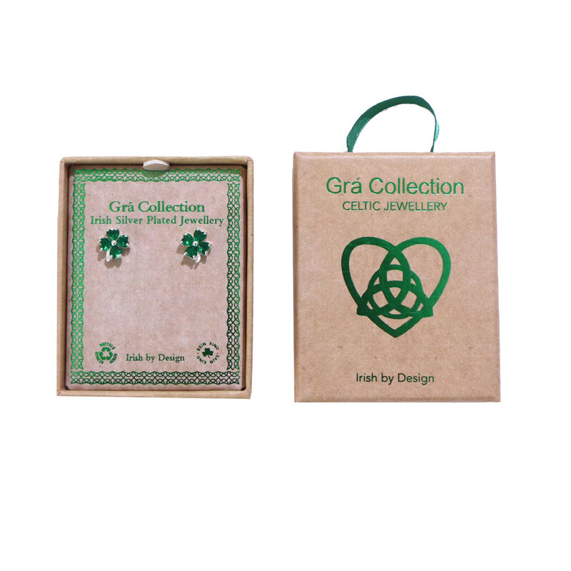 Grá Collection Silver Plated 4 Green Cubic Zirconia Stones Clover Earrings