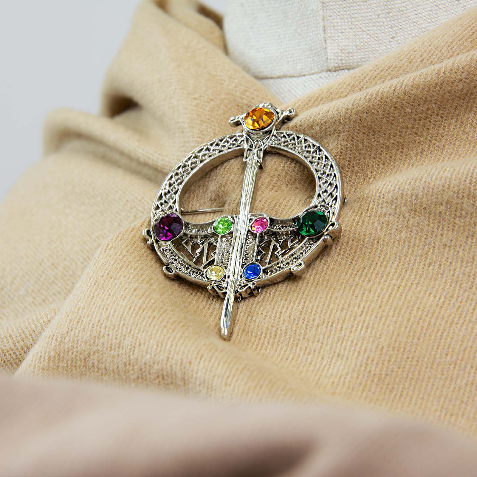 Silver Plated Full Circle Tara Brooch With Coloured Stones