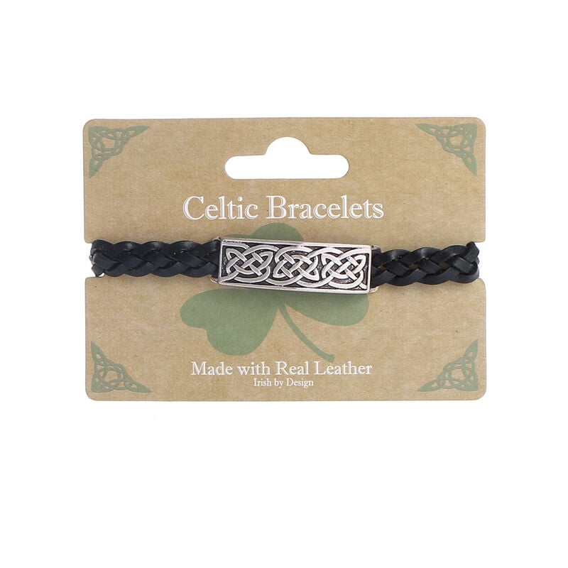 Celtic 4 Strand Leather Bracelet With Knotwork Bar Design, Black Colour