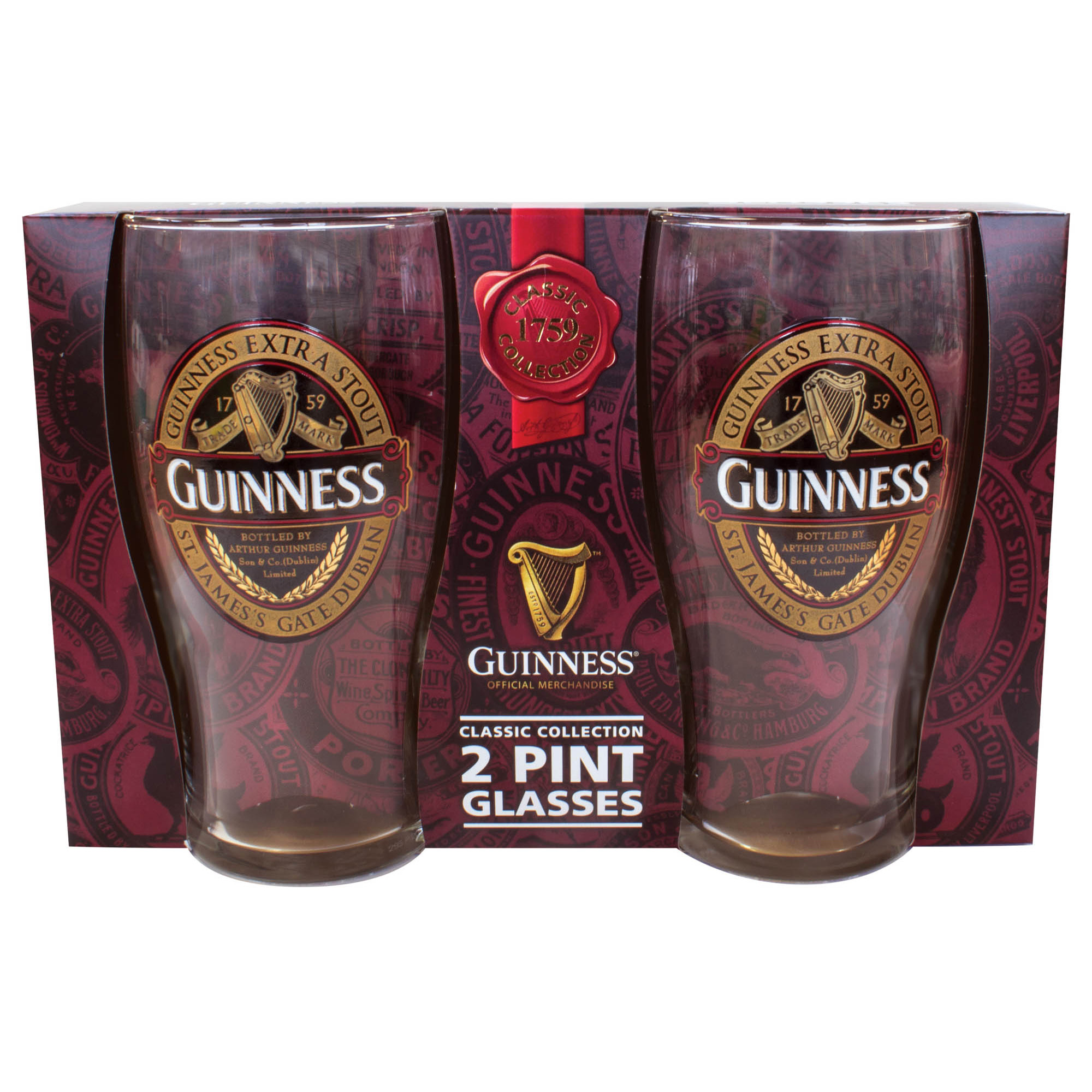 Guinness 2 Pack Of Pint Glasses With Guinness Classic Collection Label Design