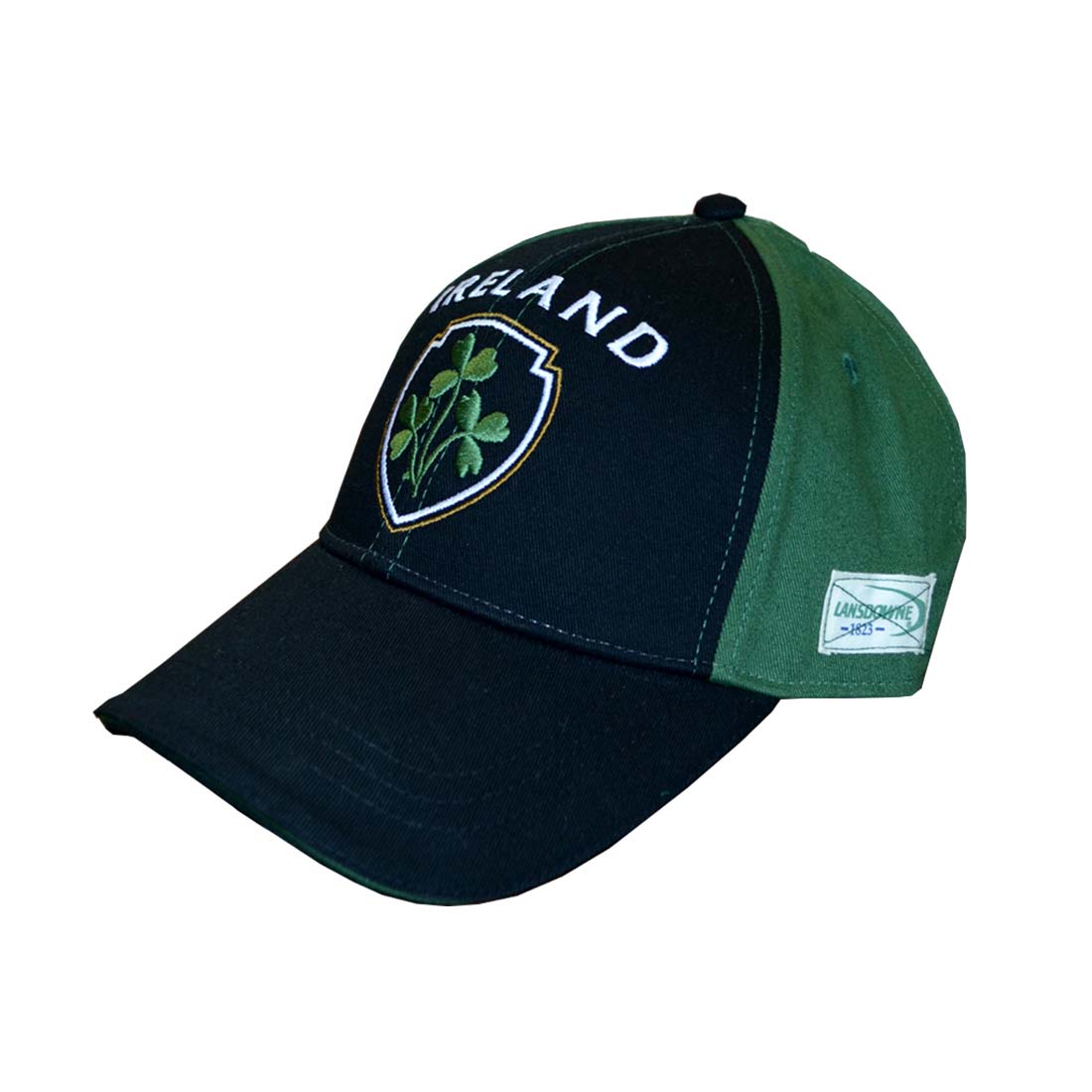 Baseball Cap With Half Green Half Black With Embossed Ireland And Shamrock Crest